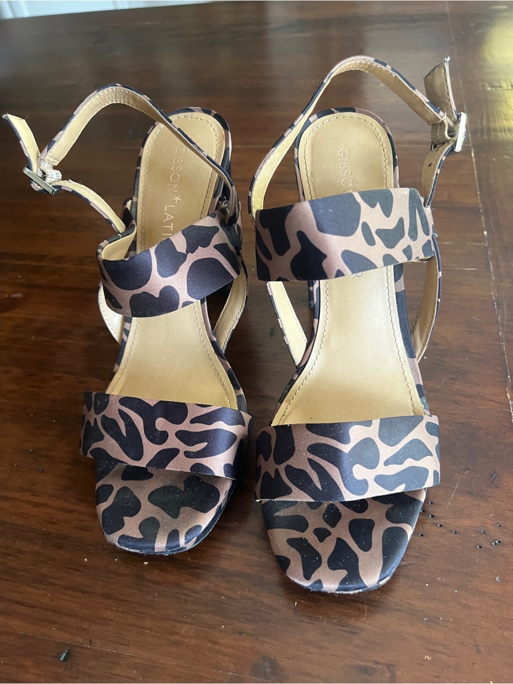 Gibson Latimer Brown and Black Leopard Print Heeled Sandals
